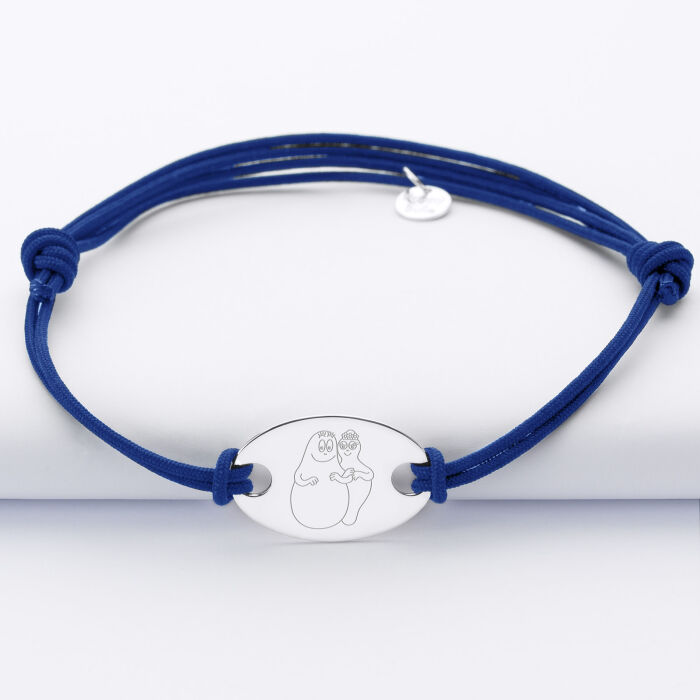 Bracelet homme personnalisé cordon doublé médaille gravée argent ovale 25x16 mm - HappyBulle x Barbapapa - personnages