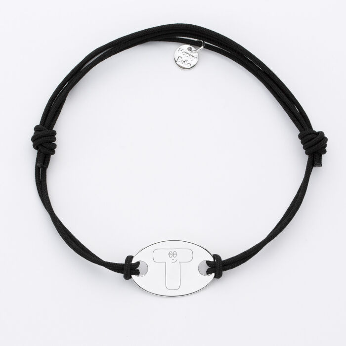 Bracelet homme personnalisé cordon doublé médaille gravée argent ovale 25x16 mm - HappyBulle x Barbapapa - alphabet T