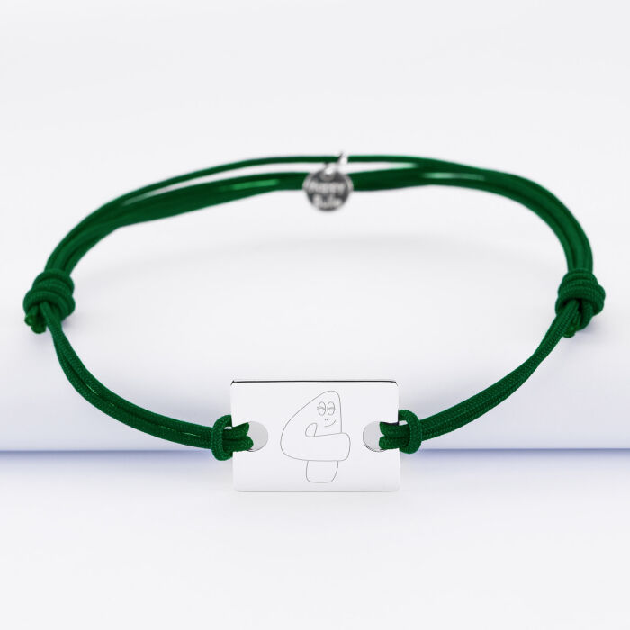 Bracelet homme personnalisé cordon doublé médaille gravée argent rectangle 23x16 mm - HappyBulle x Barbapapa - alphabet 4