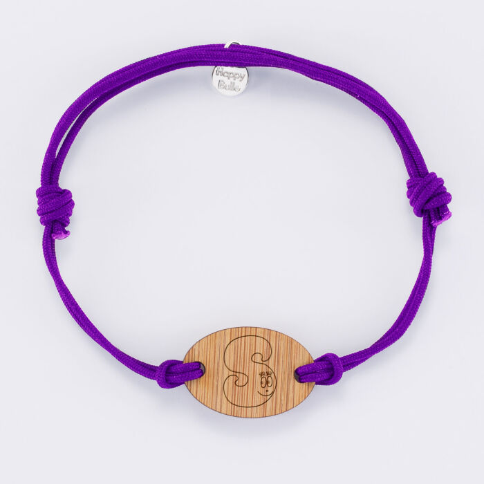 Bracelet homme personnalisé cordon double médaille gravée bois ovale 2 trous 25x17 mm - HappyBulle x Barbapapa - alphabet S