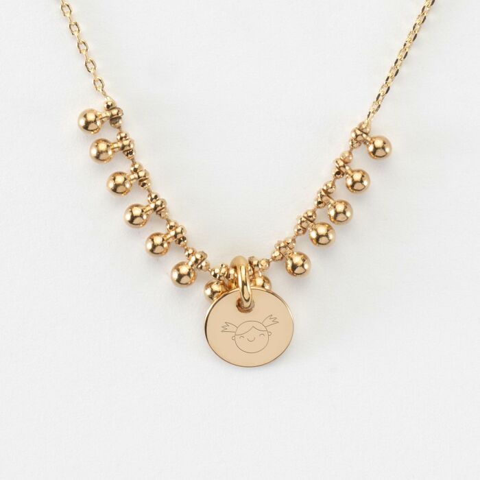 Collier chaîne boules personnalisé médaille gravée plaqué or 10 mm - picto bouille