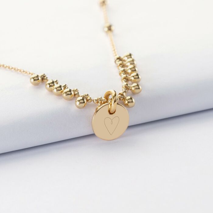 Collier chaîne boules personnalisé médaille gravée plaqué or 10 mm - picto coeur