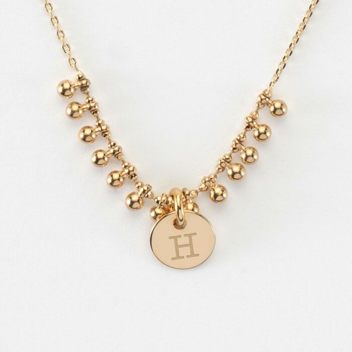 Collier chaîne boules personnalisé médaille gravée plaqué or 10 mm - H