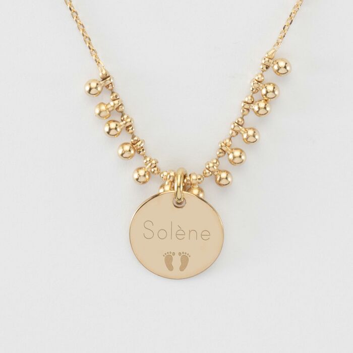 Collier chaîne boules personnalisé médaille gravée plaqué or 15 mm - Solène