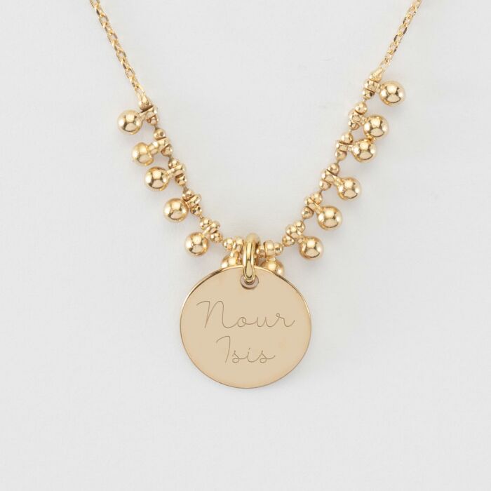 Collier chaîne boules personnalisé médaille gravée plaqué or 15 mm - texte