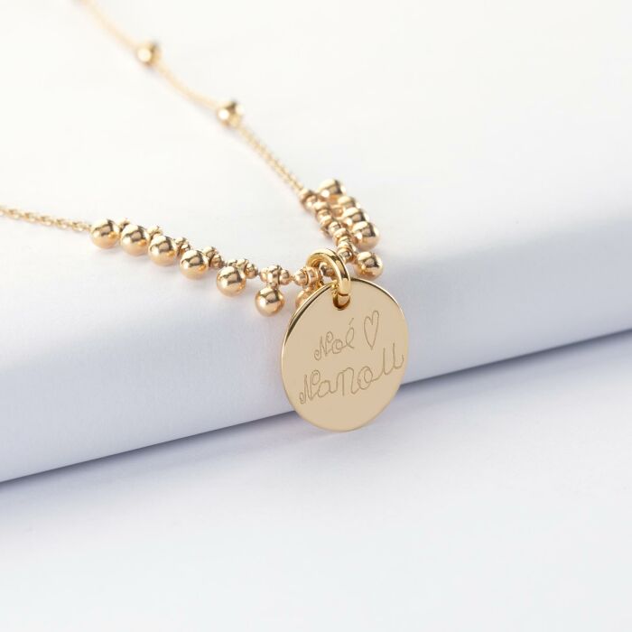 Collier chaîne boules personnalisé médaille gravée plaqué or 15 mm - écrit