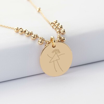 Collier chaîne boules personnalisé médaille gravée plaqué or 19 mm - dessin