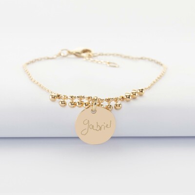 Bracelet chaîne boules personnalisé médaille gravée plaqué or 15 mm - écrit