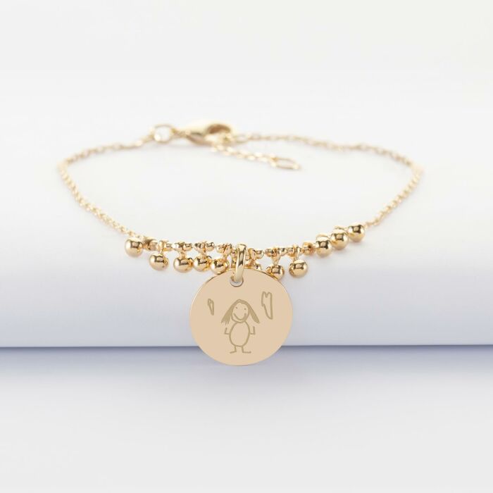 Bracelet chaîne boules personnalisé médaille gravée plaqué or 15 mm - dessin