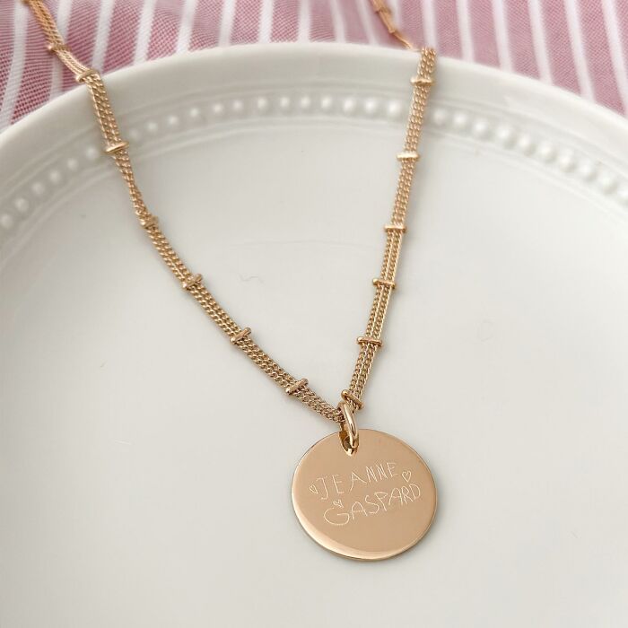 Collier chaîne double personnalisé médaille gravée plaqué or 19 mm - dessin