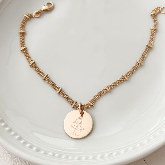 Bracelet chaîne double personnalisé médaille gravée plaqué or 15 mm - dessin