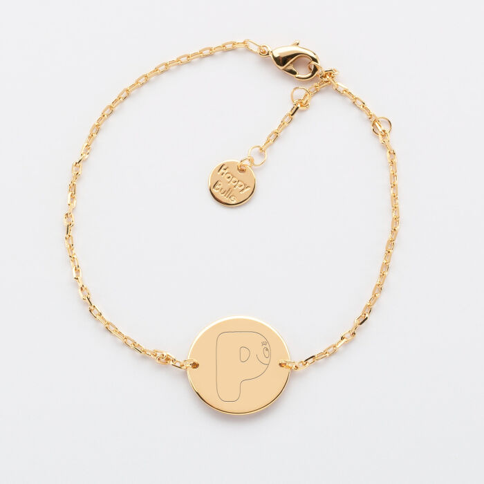 Bracelet chaine personnalisé médaille gravée plaqué or 2 trous 15 mm - HappyBulle x Barbapapa - alphabet P