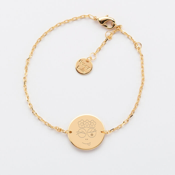Bracelet chaine personnalisé médaille gravée plaqué or 2 trous 15 mm - HappyBulle x Barbapapa - bouille