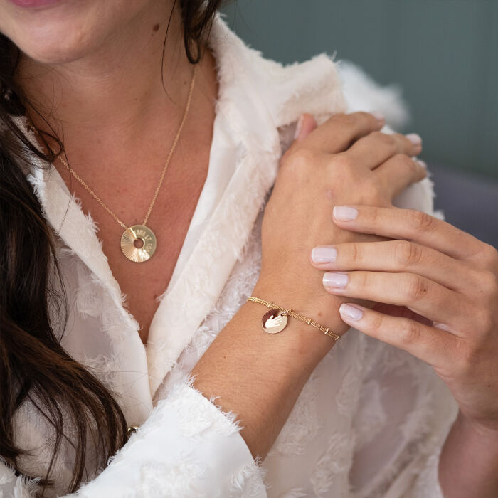 Bracelet chaîne double personnalisé médaille gravée plaqué or 15 mm