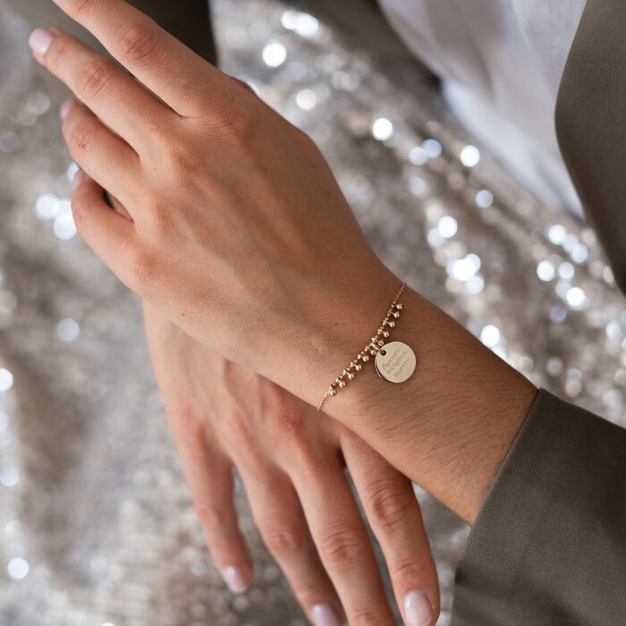 Bracelet chaîne boules personnalisé médaille gravée plaqué or 15 mm - écrit