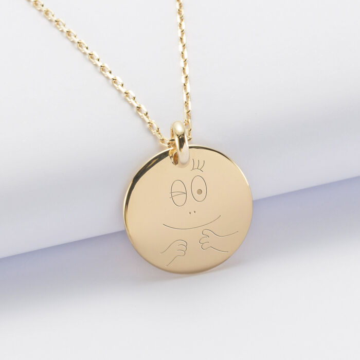 Pendentif homme personnalisé médaille bombée gravée plaqué or 20 mm - Happybulle x Barbapapa - bouille mains