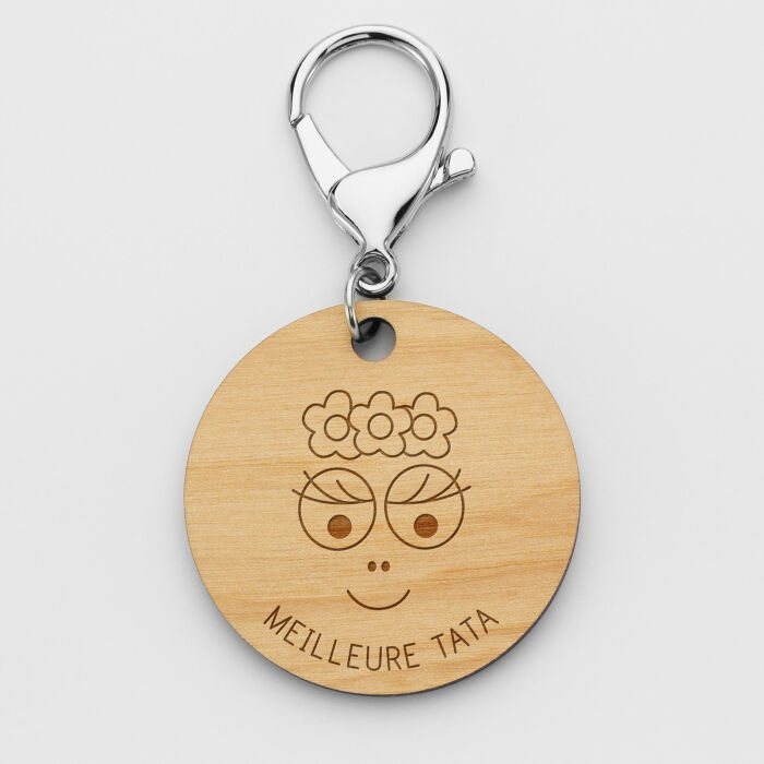 Porte-clés personnalisé prénom gravé bois médaille ronde 50 mm - HappyBulle x Barbapapa - texte