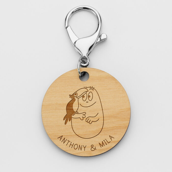 Porte-clés personnalisé prénom gravé bois médaille ronde 50 mm - HappyBulle x Barbapapa - Anthony & Mila
