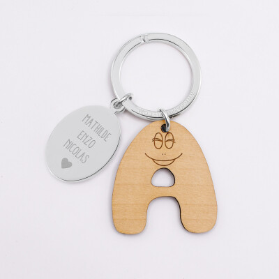 Porte clé personnalisé médaille gravée ovale acier et breloque bois alphabet - HappyBulle x Barbapapa - breloque A
