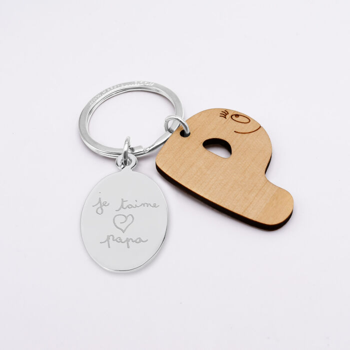 Porte clé personnalisé médaille gravée ovale acier et breloque bois alphabet - HappyBulle x Barbapapa - breloque P