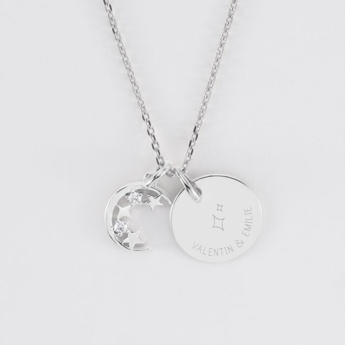 Pendentif personnalisé médaille gravée argent 15 mm et breloque lune scintillante - HappyBulle x Capucine - 2 prénoms