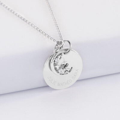 Pendentif personnalisé médaille gravée argent 19 mm et breloque lune scintillante - HappyBulle x Capucine - 3 étoiles