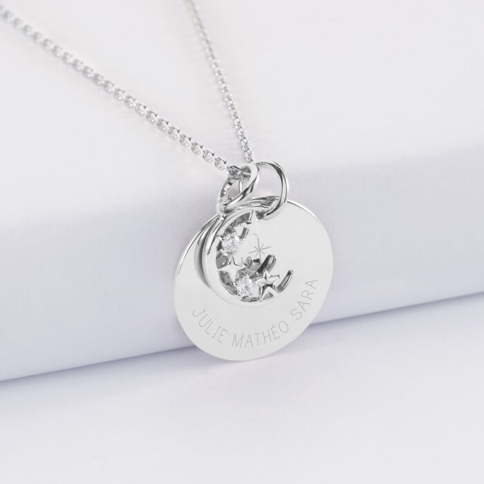 Pendentif personnalisé médaille gravée argent 19 mm et breloque lune scintillante - HappyBulle x Capucine - 3 étoiles