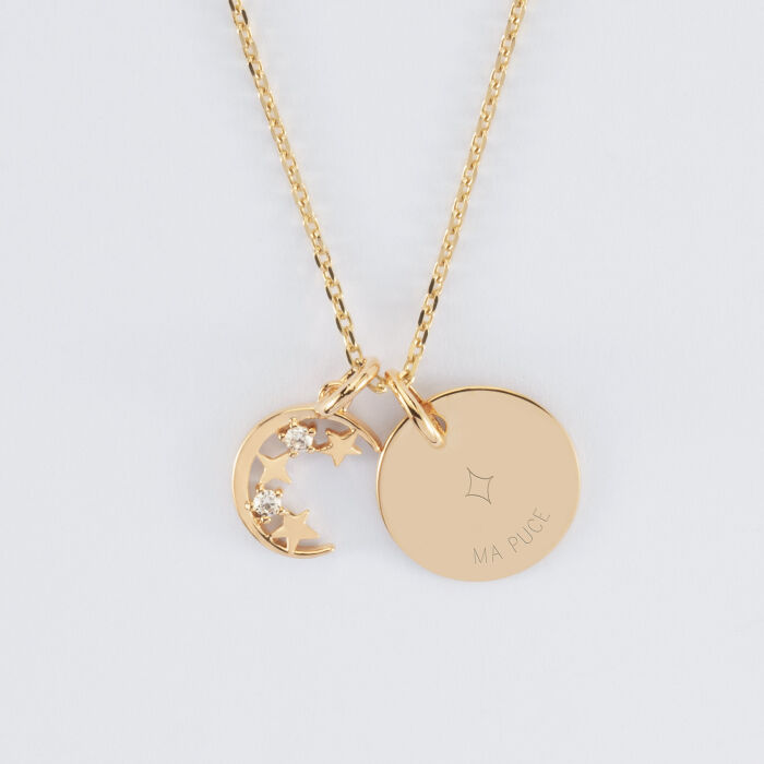 Pendentif enfant personnalisé médaille gravée plaqué or 15 mm et breloque lune scintillante - HappyBulle x Capucine - 1 étoile