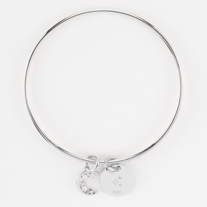 Bracelet personnalisé jonc argent médaille gravée 15 mm et breloque lune scintillante - HappyBulle x Capucine - 3 étoiles