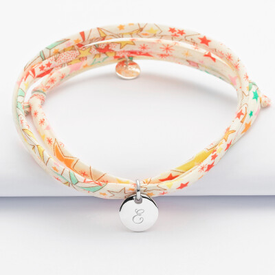 Bracelet 3 tours Liberty personnalisé médaille ronde gravée initiale argent 10 mm - 1