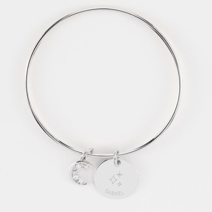 Bracelet personnalisé jonc argent médaille gravée 19 mm et breloque lune scintillante 11 mm - HappyBulle x Capucine - 3 étoiles