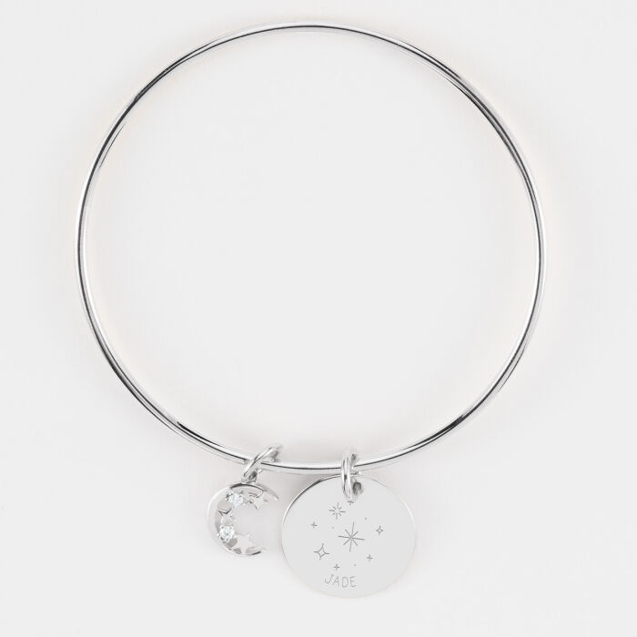 Bracelet personnalisé jonc argent médaille gravée 19 mm et breloque lune scintillante 11 mm - HappyBulle x Capucine - constellation