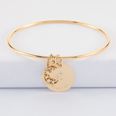 Bracelet personnalisé jonc plaqué or médaille gravée 19 mm et breloque lune scintillante 11 mm - HappyBulle x Capucine - 3 étoiles