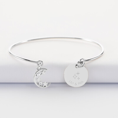 Bracelet personnalisé jonc argent ouvert médaille gravée 15 mm et breloque lune scintillante 11 mm - HappyBulle x Capucine - 3 étoiles