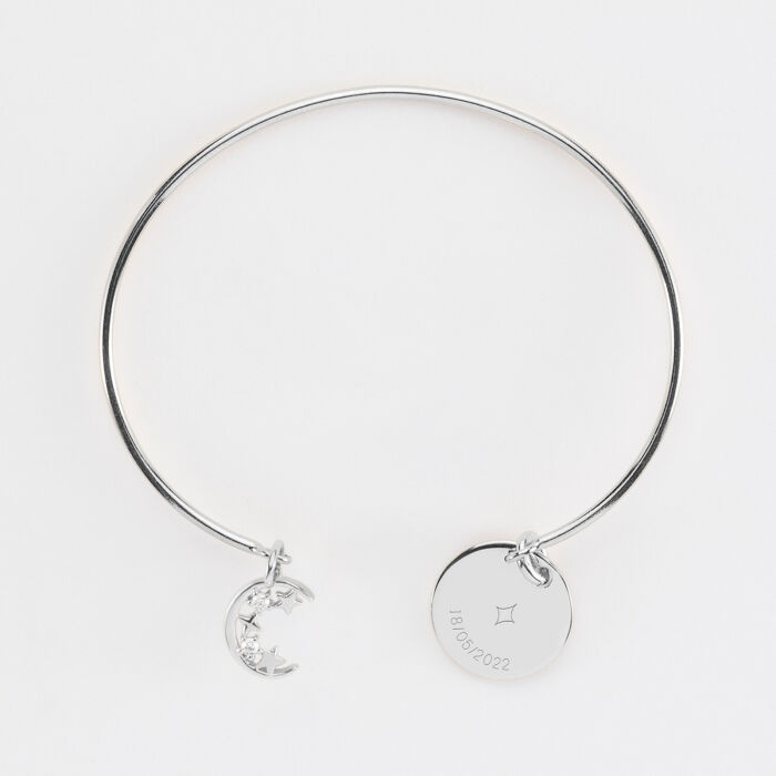 Bracelet personnalisé jonc argent ouvert médaille gravée 15 mm et breloque lune scintillante 11 mm - HappyBulle x Capucine - 1 étoile