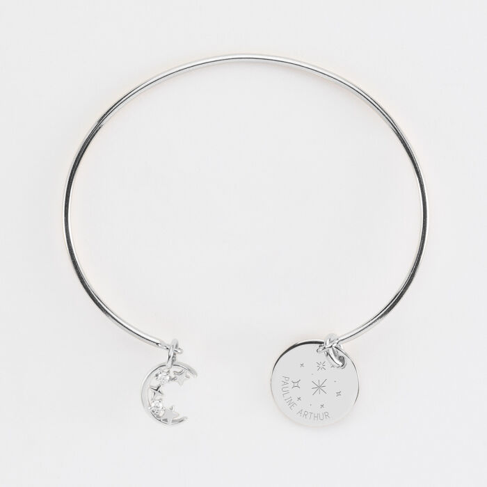 Bracelet personnalisé jonc argent ouvert médaille gravée 15 mm et breloque lune scintillante 11 mm - HappyBulle x Capucine - constellation