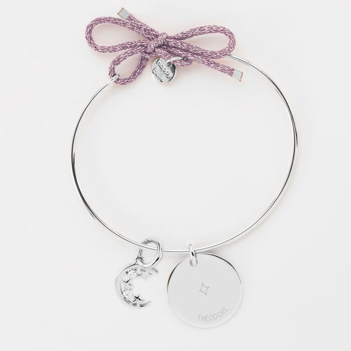 Bracelet personnalisé jonc argent cordon pailleté médaille gravée 19 mm et breloque lune scintillante 11 mm - HappyBulle x Capucine - 1 étoile