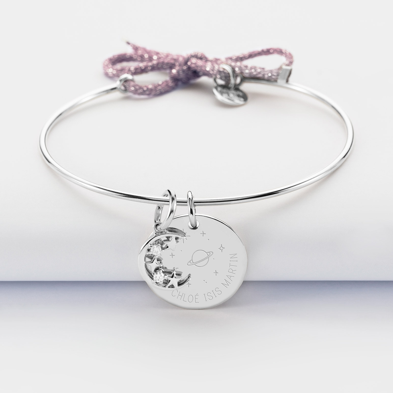 Personalised Silver Bangle and Glitter Cord with Engraved 19 mm
