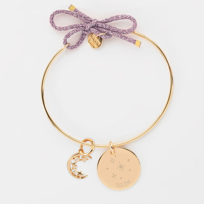 Bracelet personnalisé jonc plaqué or cordon pailleté médaille gravée 19 mm et breloque lune scintillante 11 mm - HappyBulle x Capucine - constellation