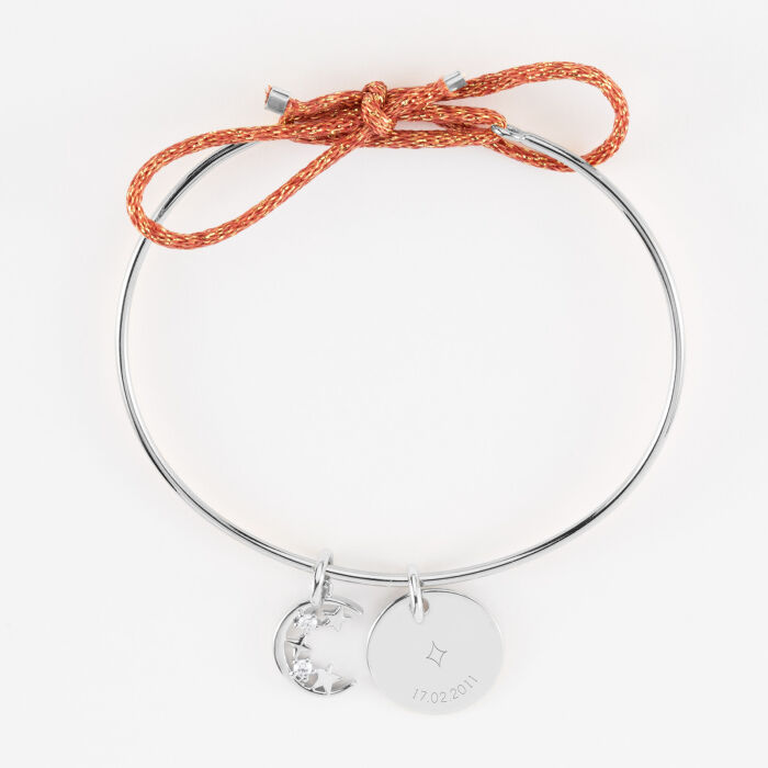 Bracelet personnalisé jonc argent cordon pailleté médaille gravée 15 mm et breloque lune scintillante 11 mm - HappyBulle x Capucine - 1 étoile