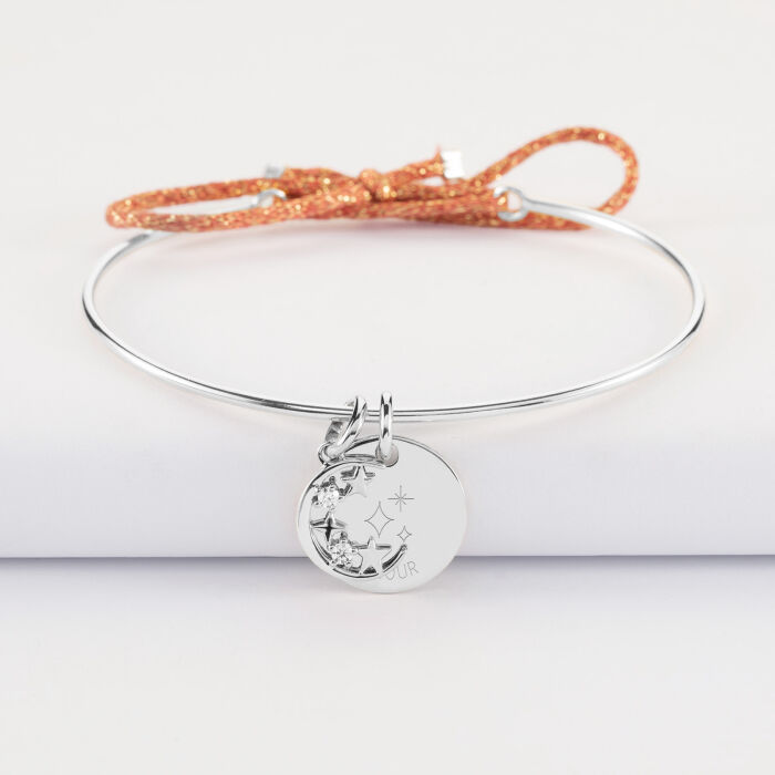 Bracelet personnalisé jonc argent cordon pailleté médaille gravée 15 mm et breloque lune scintillante 11 mm - HappyBulle x Capucine - 3 étoiles