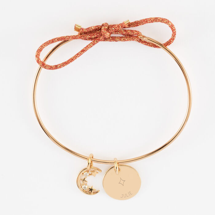 Bracelet personnalisé jonc plaqué or cordon pailleté médaille gravée 15 mm et breloque lune scintillante 11 mm - HappyBulle x Capucine - 1 étoile