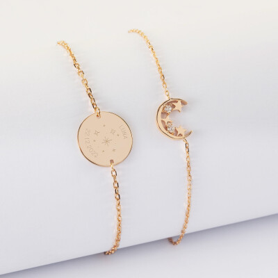 Duo bracelets personnalisés chaine lune scintillante et médaille gravée plaqué or 15 mm - HappyBulle x Capucine - constellation