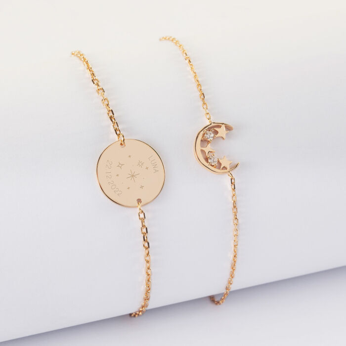 Duo bracelets personnalisés chaine lune scintillante et médaille gravée plaqué or 15 mm - HappyBulle x Capucine - constellation