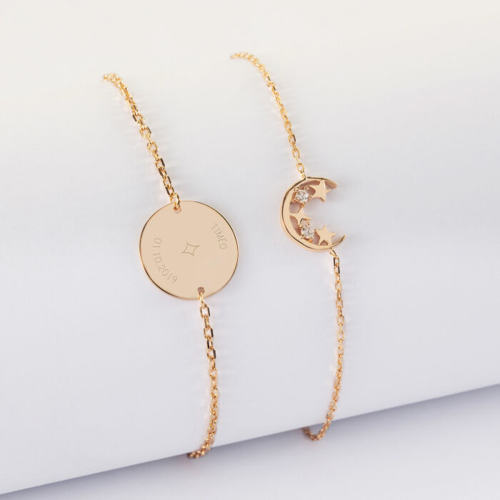 Duo bracelets personnalisés chaine lune scintillante et médaille gravée plaqué or 15 mm - HappyBulle x Capucine - 1 étoile