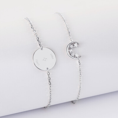 Duo bracelets personnalisés chaine lune scintillante et médaille gravée argent 15 mm - HappyBulle x Capucine - 1 étoile