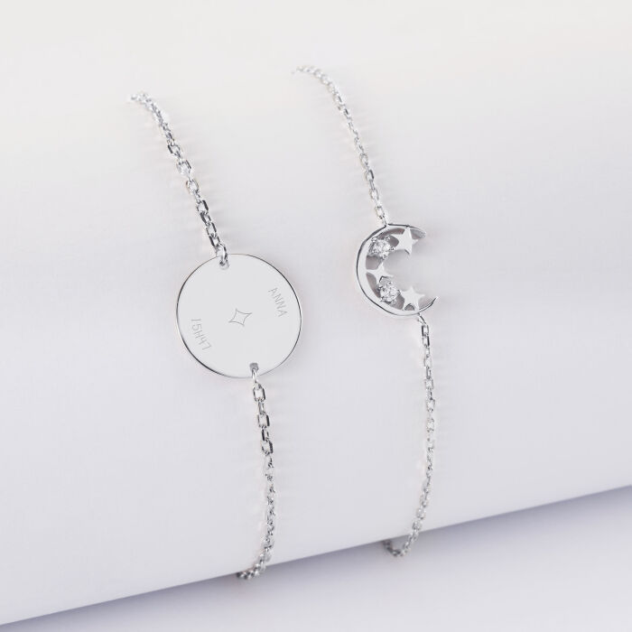 Duo bracelets personnalisés chaine lune scintillante et médaille gravée argent 15 mm - HappyBulle x Capucine - 1 étoile
