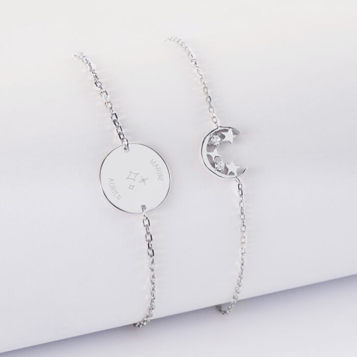 Duo bracelets personnalisés chaine lune scintillante et médaille gravée argent 15 mm - HappyBulle x Capucine - 3 étoiles