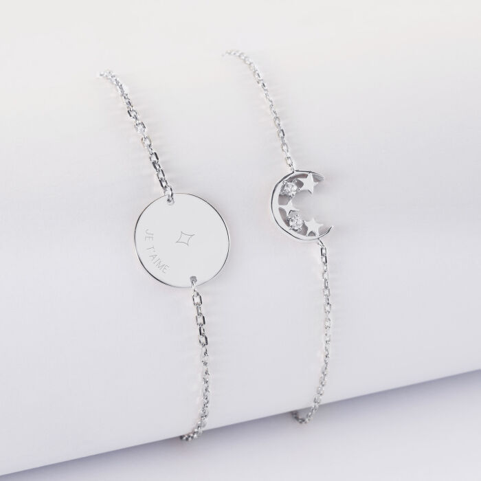 Duo bracelets personnalisés chaine lune scintillante et médaille gravée argent 15 mm - HappyBulle x Capucine - 1 étoile