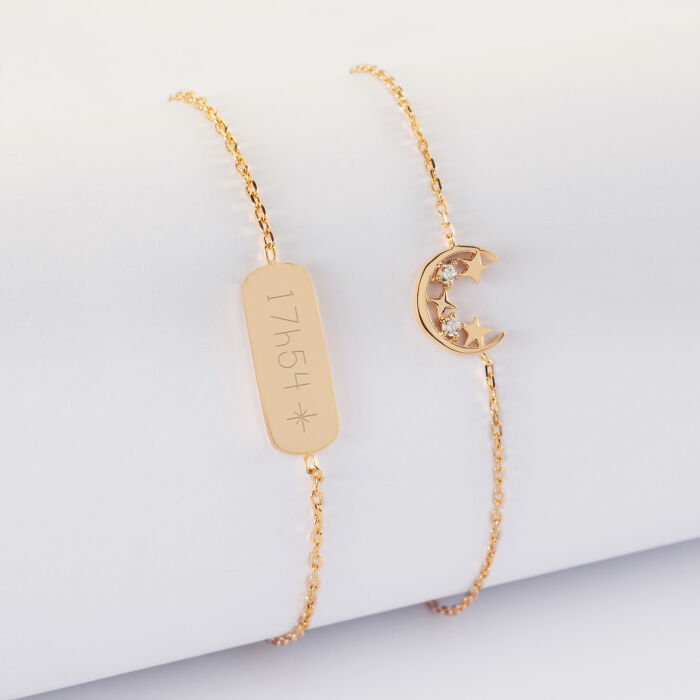 Duo bracelets personnalisés chaine lune scintillante et médaille gravée plaqué or plaque 20x8 mm - HappyBulle x Capucine - étoile